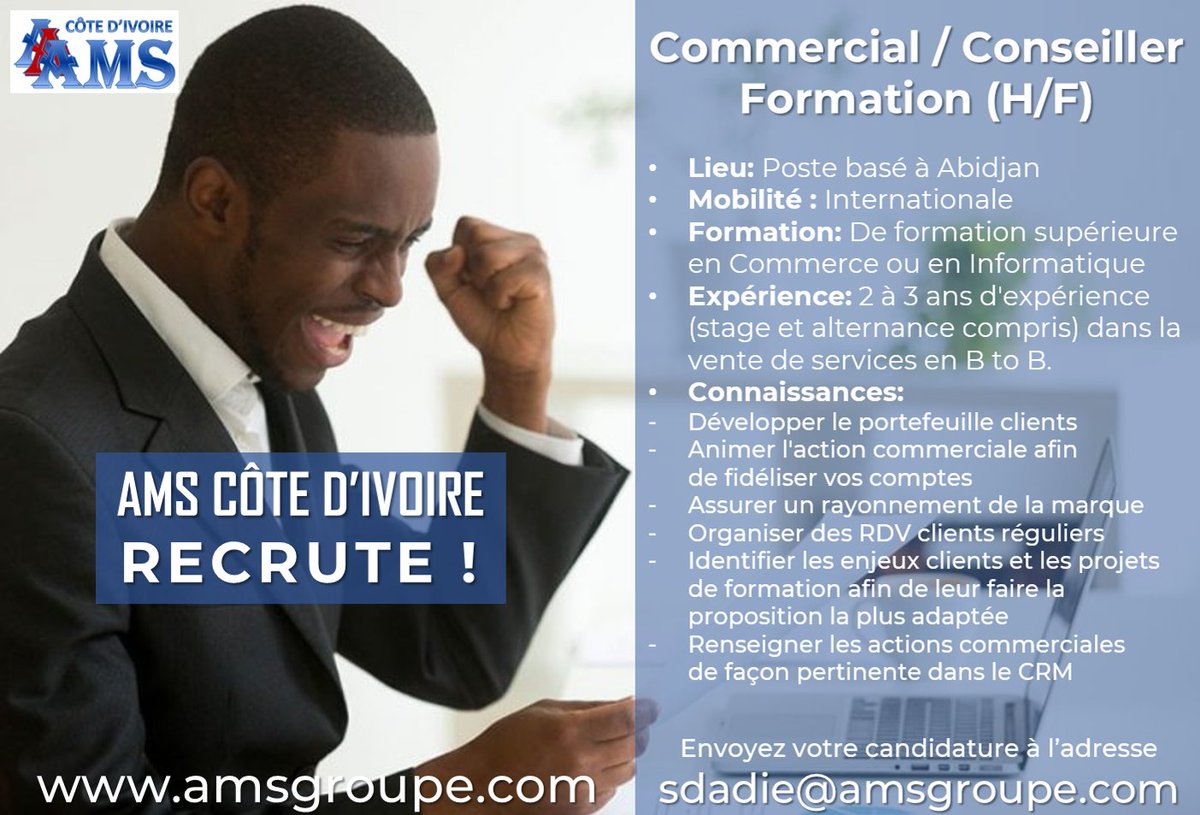groupe_ams's tweet image. [Recrutement] AMS CÔTE D&apos;IVOIRE
#Commercial / #Conseillier #Formation
#Abidjan #Emploi #Assistance_Technique #Outsourcing #Compétences #Afrique #RH #BTOB #cotedivoire #Job #CIV