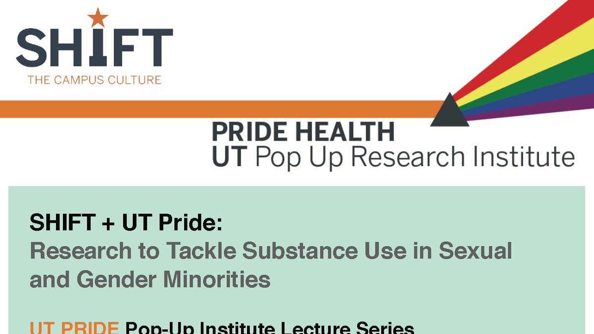 PhARMprogram's tweet image. TODAY! 🏳️‍🌈💖

Join @UtShift and @pride_ut for the next installment of their pop-up lecture series:

"Research to Tackle Substance Use in Sexual and Gender Minorities"

Wednesday, October 21st at 6 PM CST

Register for free here: bit.ly/3dSlxpV
