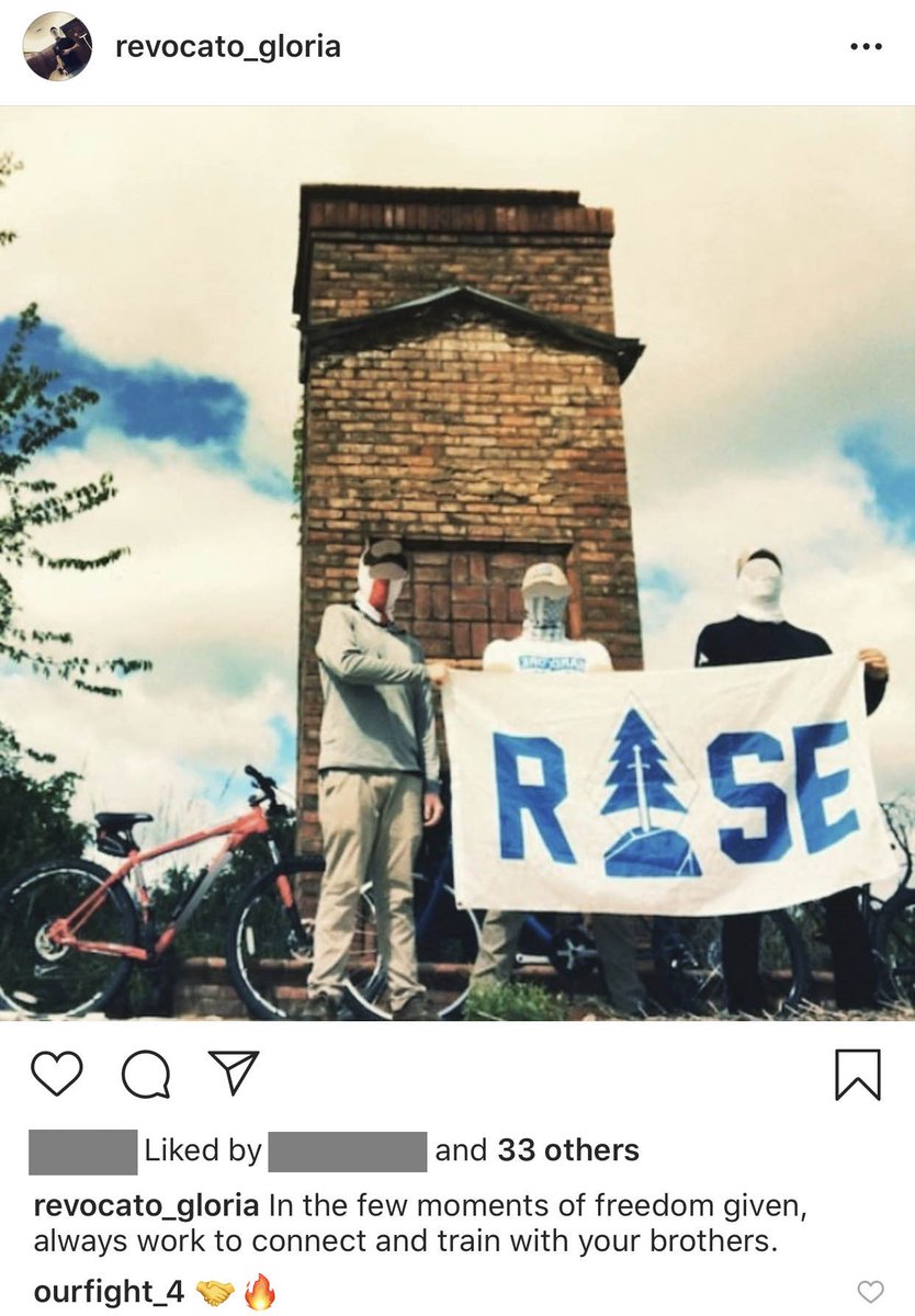 As well as belonging to Patriot Front and Revolt Through Tradition, Michael Patrick Hagerty, II is a supporter of Rise Above Movement, a white power group with a history of violence.Here's Hagerty II (left) and associates displaying a Rise Above Movement flag earlier this year.