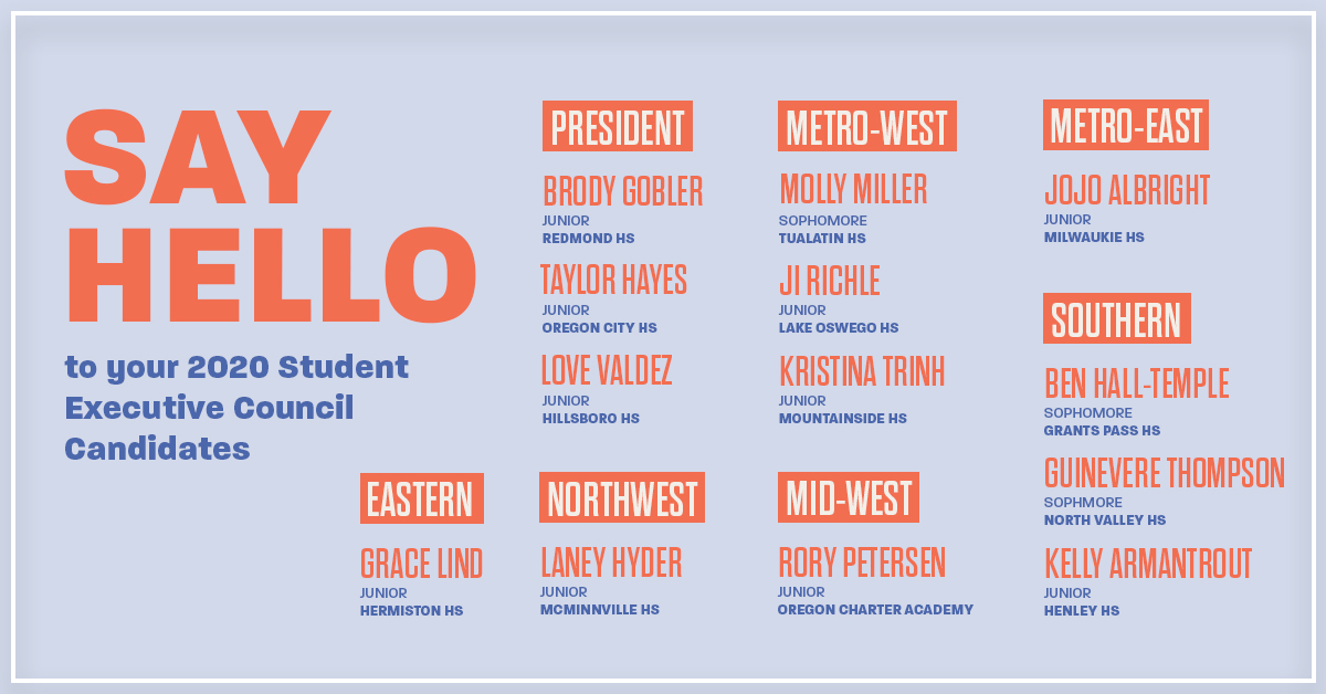 Announcing your 2020-21 Student Executive Council Candidates. They will be virtually campaigning over the next few weeks and then presenting workshops at Virtual Fall Conference, where your school will have an opportunity to vote for their 2020-21 SEC.