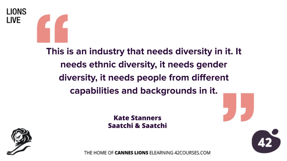 42Courses's tweet photo. Chairwoman and Global CCO at @wwsaatchi Kate Stanners on the necessity of diversity in the advertising industry. 
🙏👏🙏

#LIONSLive #ProgressThroughCreativity https://t.co/tERidZLKKV