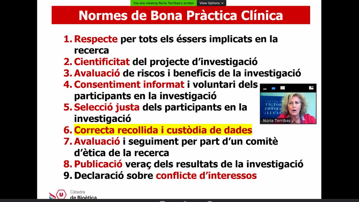 La Sra. Núria Terribas de la càtedra de #bioètica, <a href="/FundacioGrifols/">Fundació Grífols</a>, ens recorda les normes de bona pràctica clínica. #JornadesRDI