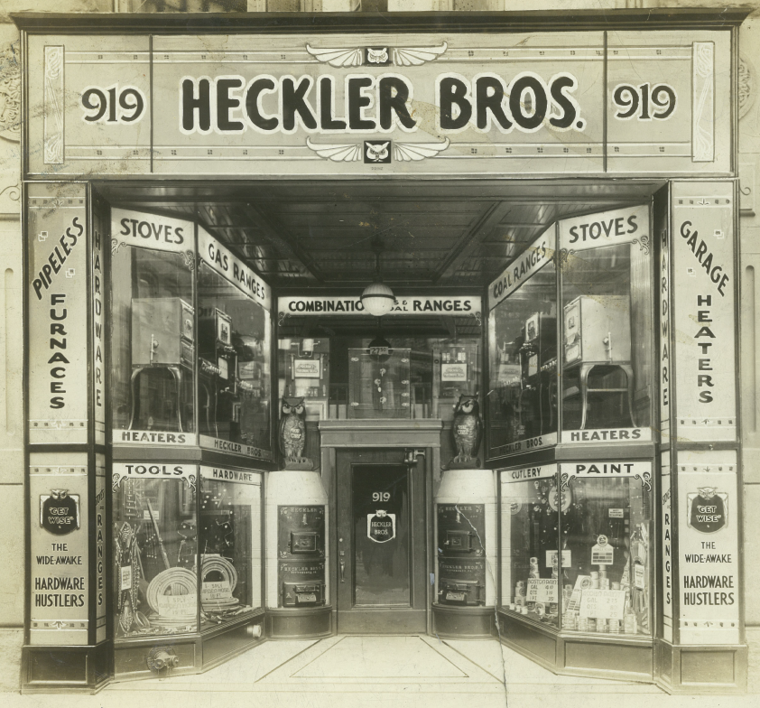 CSIpgh's tweet photo. #WaybackWednesday 
Here’s a mock up from the first downtown location of HecklerBros! Back in 1914, we carried WISE Furnaces and the Wide-Awake-Hardware-Hustlers used an owl to urge their customers to “Get Wise” https://t.co/xxwnFJMAfW