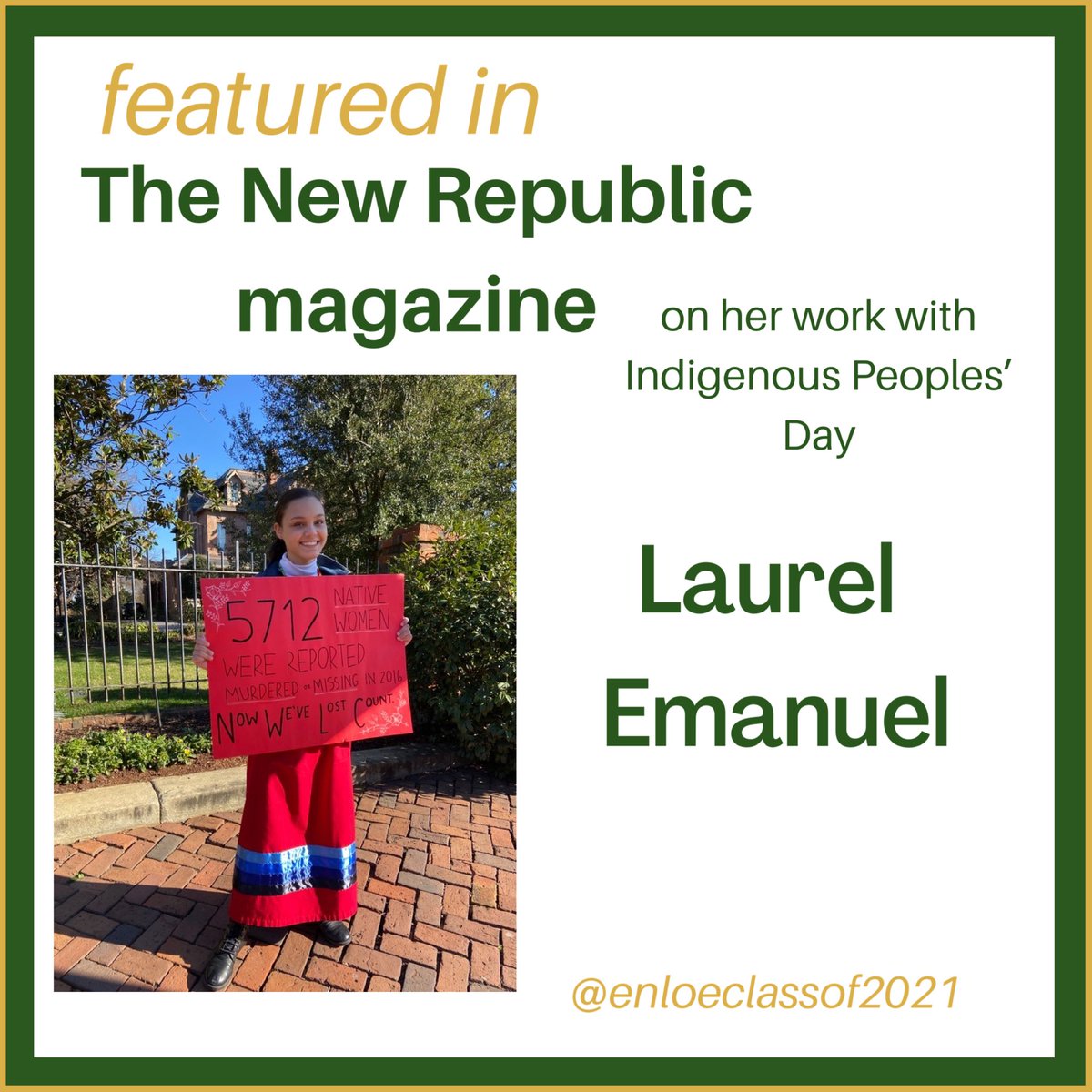 enloeclassof21's tweet photo. So proud of this Class of 2021 scholar and advocate, Laurel Emanuel, who was interviewed and featured in a national publication! She has pushed Wake County Board of Education to adopt Indigenous Peoples’ Day. Let’s celebrate her hard work! https://t.co/6CEaKQZ03R