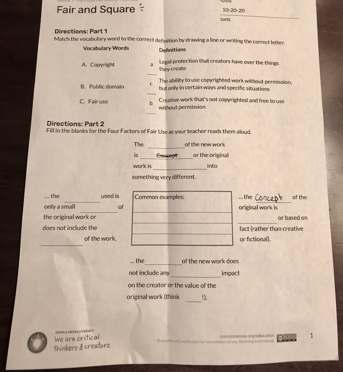 Great morning find:  My 7th grader's worksheet on fair use, copyright and public domain usage for her #library #science class.  After today's lesson for school she will be more informed than 90% of #academics.  #OA #OAWeek2020