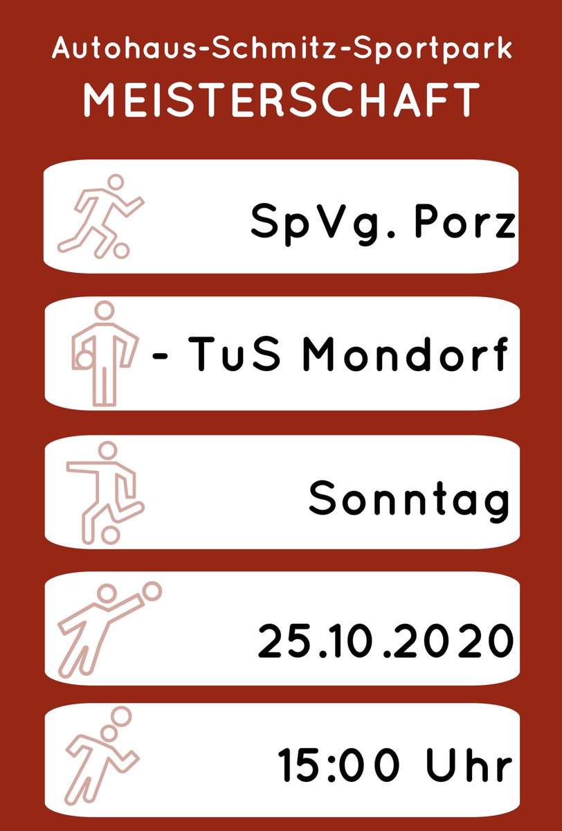 SpVg_Porz's tweet image. 🙌 MATCHDAY 🙌
🏆 Meisterschaft 
⚽️ SpVg. Porz 🆚 TuS Mondorf 
📍 Autohaus-Schmitz-Sportpark
🗓 25. Oktober 2020
🕒 15:00 Uhr
🖥 #spvgporz #unterstützenundschützen 😷#supportandprotect 😷
