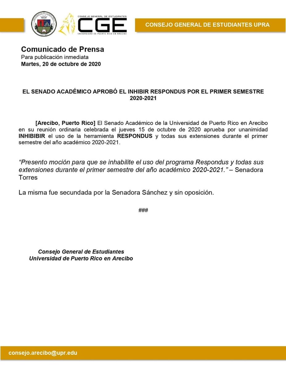 UPRA_CGE's tweet photo. 🚨ATENCIÓN COMUNIDAD ESTUDIANTIL UPRA🚨
El uso de Respondus queda detenido para el primer semestre del año académico 2020-21 según aprobada la moción en Senado Académico el jueves 15 de octubre de 2020.
#TuCGEInforma #TuManada https://t.co/93gNjnigwm