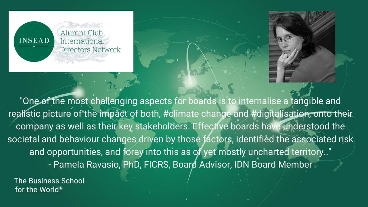 “One of the most challenging aspects for boards is to internalise a tangible and realistic picture of #climate change and #digitalisation onto their company and key stakeholders.“
-Pamela Ravasio, PhD, FICRS, Board Advisor, IDN Board Member
#QuoteIDNMember #GovernanceExcellence