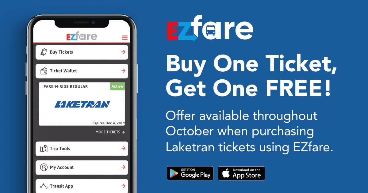 Laketran's tweet photo. There's still time to save! Local Route and Park-n-Ride customers -  buy your bus pass using our @EzFare app and you'll get one free all month long! #Laketran #EZfare #SafeWayToPay #BOGO 💲🚎📲 https://t.co/iT05dKqDBl