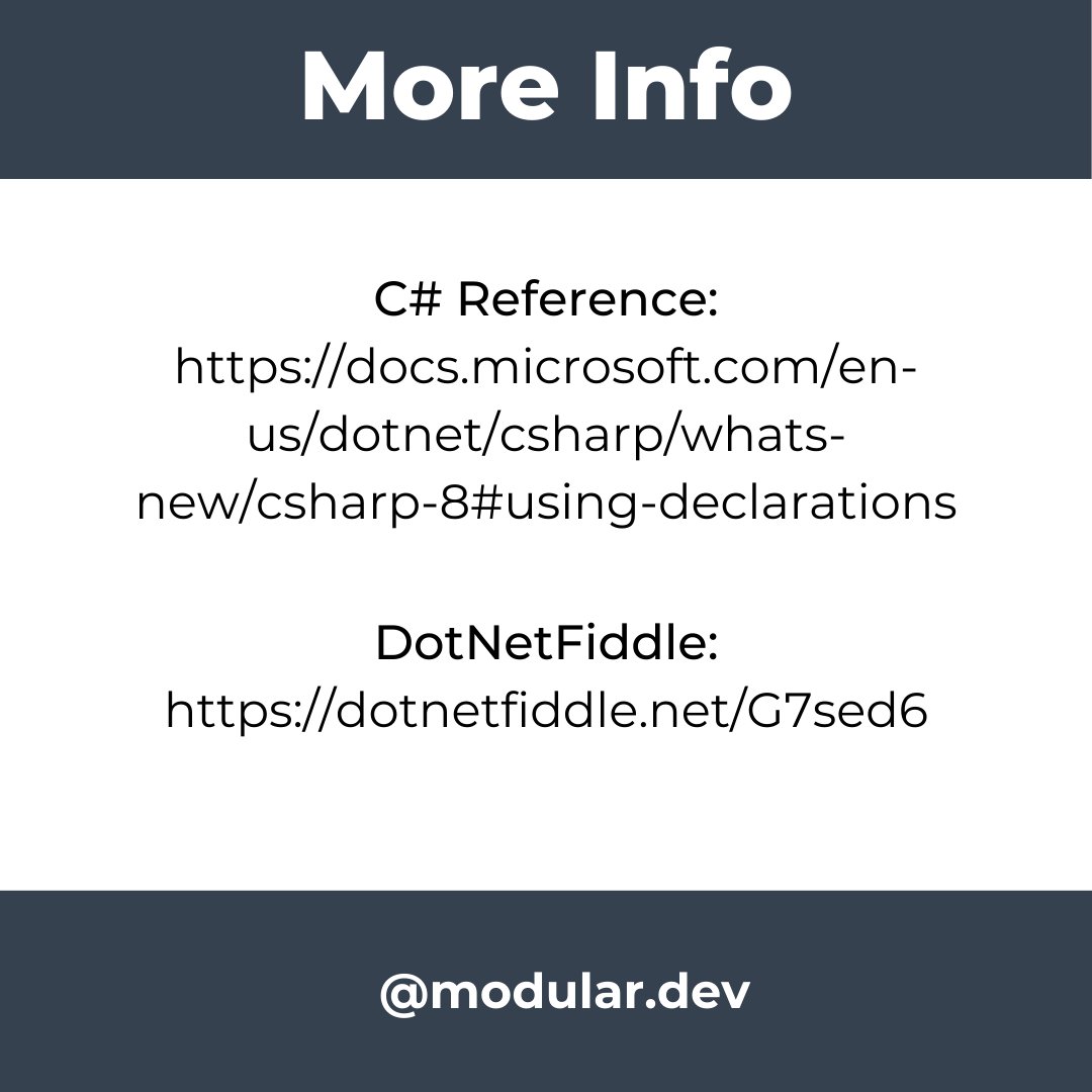 dev_modular's tweet photo. Quick C# Tip: How to use Using Declarations in C# to dispose of objects cleanly and easily.

#csharp #csharpdotnet #dotnet #dotnetcore #aspnet #aspnetcore #coding #programming #csharpprogramming #visualstudiocode #visualstudio https://t.co/HROYo8NF5A