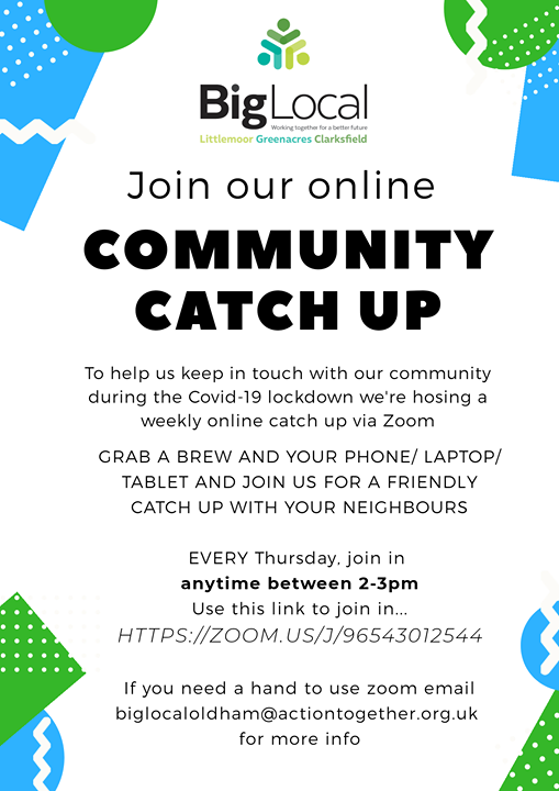 BigLocal_Oldham's tweet photo. Don't miss our Community Catch Up tomorrow! 
Join us for a free and friendly chat between neighbours and friends. 

Just click the link, any time between 2 - 3pm, to join in!
https://t.co/MudVcSpXxp 

#Oldham #Communitycatchup #lovewhereyoulive #teamoldham https://t.co/r89Kq4IFgK