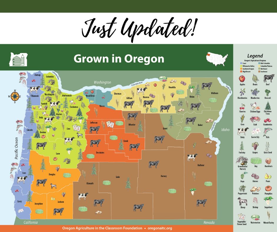 Does your Grown in Oregon map need to be refreshed?! The classic 24x36 map poster is newly updated with added commodities and illustrations! Help your students learn about Oregon's bounty with this map that is FREE to Oregon teachers!
ow.ly/sXKS50BY2jj