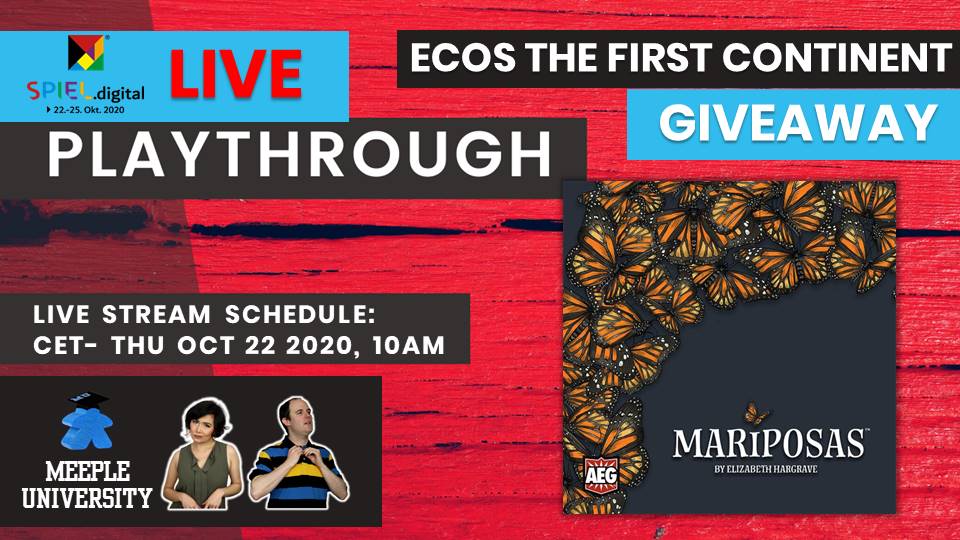MeepleU's tweet photo. We'll be playing LIVE #Mariposas on @SPIEL_Messe on @MeepleU - we wanted to do giveaway but the game sold out, so instead will be 2x #EcosFirstContinent instead, thanks to @alderac 😁
Set reminder here, playing at the opening of SPIEL! https://t.co/TF4bj9WOWx
#SpielDigital2020 https://t.co/ddlLIlGAYp