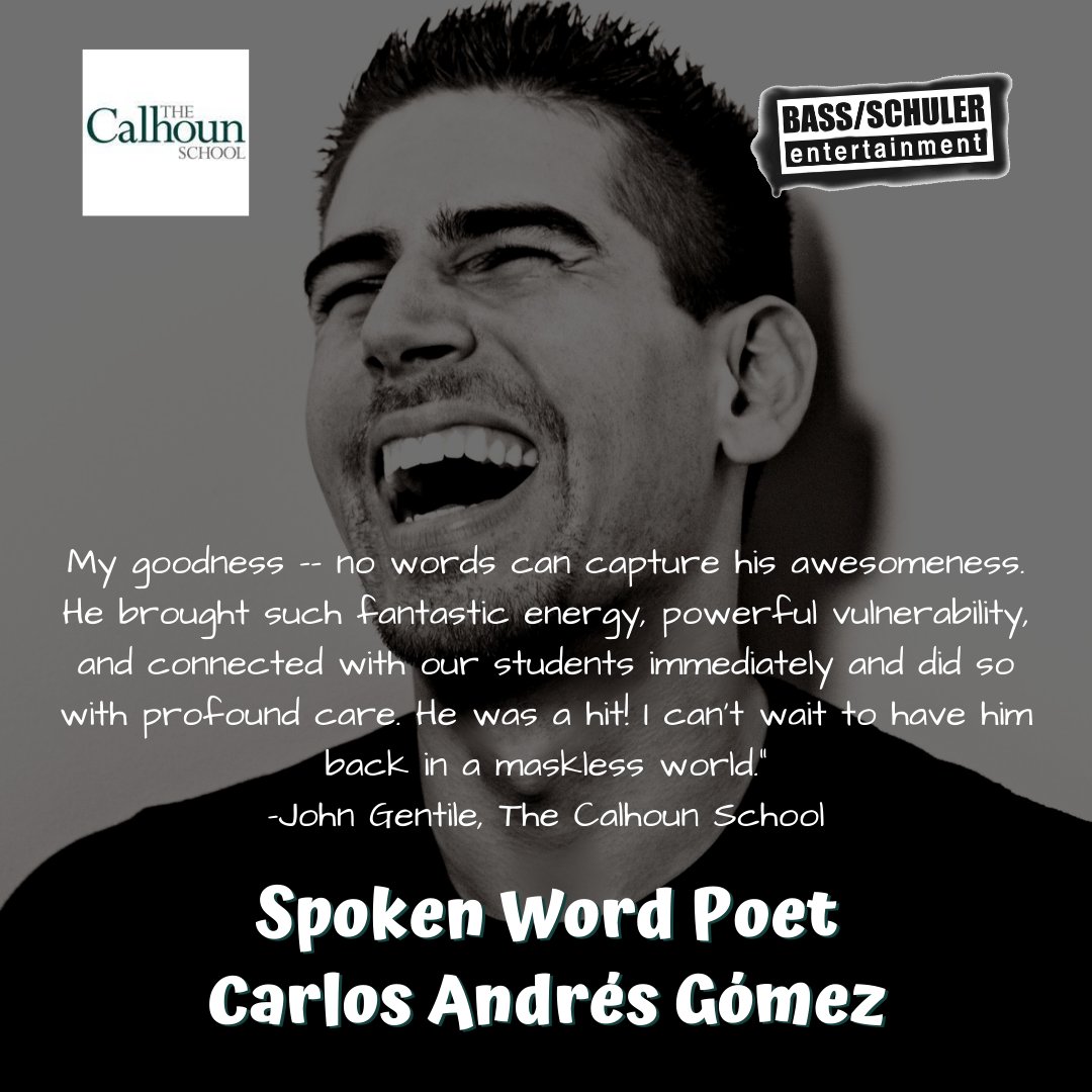 BassSchuler's tweet photo. Thanks so much to @calhounschool for hosting @CarlosAGLive! #BassSchulerEntertainment #BSEAgency #SpokenWordPoet #CarlosAndrésGómez #ArtistReviews https://t.co/BJEqg3vgiY