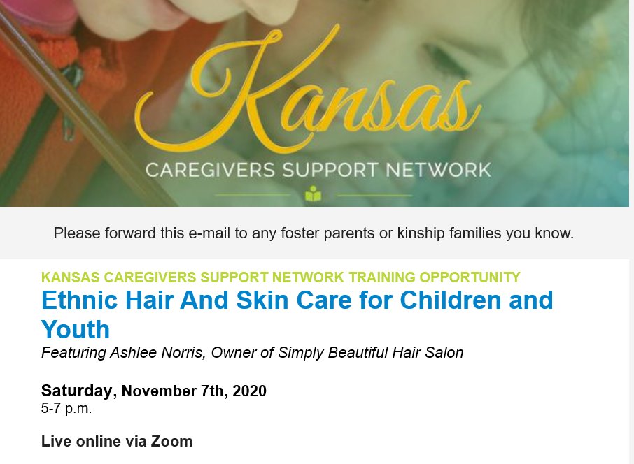 KsCaregiver's tweet photo. The Kansas Caregivers Support Network is providing a Ethnic Hair and Skin Care Training in November. We are excited to have Ashlee Norris from Simply Beautiful Hair Salon provide this training with us. #Training #Foster #Kinship

Register: https://t.co/NFpecyAfEh https://t.co/Pp9YPFrkaa