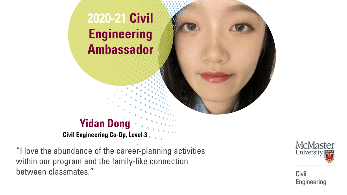 MacCivEng's tweet photo. Meet Yidan Dong, a Civil Engineering student! #MacCivEngAmbassador

"I choose Civil Engineering because my dream is to be a great structural designer. Other than that, I am also fascinated by the meaning of commitment and responsibility behind an iron ring." https://t.co/ePZ2ahFmIM