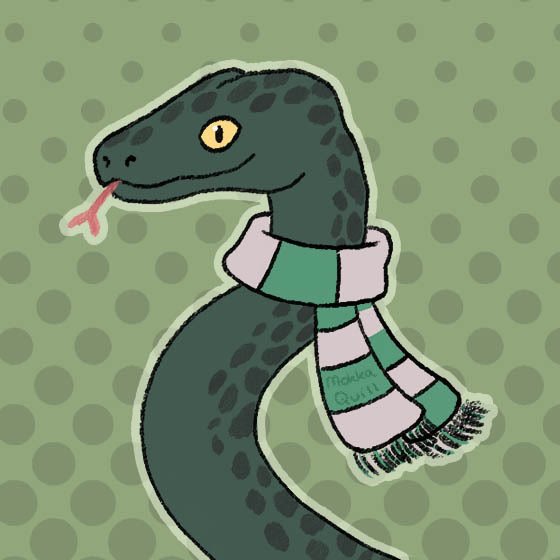 The emblematic animal of the house is a snake and its colours are green and silver(art by mokkaquillart)
