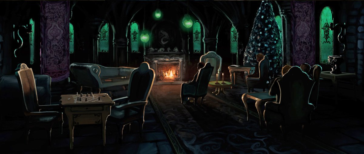 The Slytherin common room is in the dungeons of Hogwarts Castle and underneath the Black Lake. The light in the common room is green. Once you enter a concealed stone door will slide aside leaving a rectangular hole in the wall leading to the Slytherin common room.