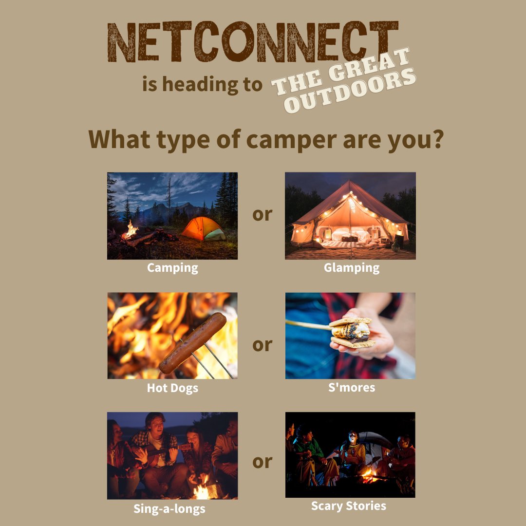 Netchex's tweet image. #Netconnect2020 kicks off tomorrow (Thu, 10/22). Before we make our way to the campground, we need your help packing—let us know your camping style in the comments! And if you aren&apos;t registered yet, do it now for FREE! bit.ly/3jOkfP6