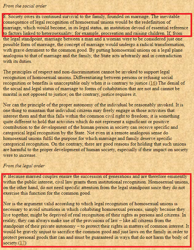 AL cites in footnote 278 the document from the CDF titled 'CONSIDERATIONS REGARDING PROPOSALS TO GIVE LEGAL RECOGNITION TO UNIONS BETWEEN HOMOSEXUAL PERSONS.' What this document says contains the reasons why I disagree with the pope on his statements. There is a slippery slope.