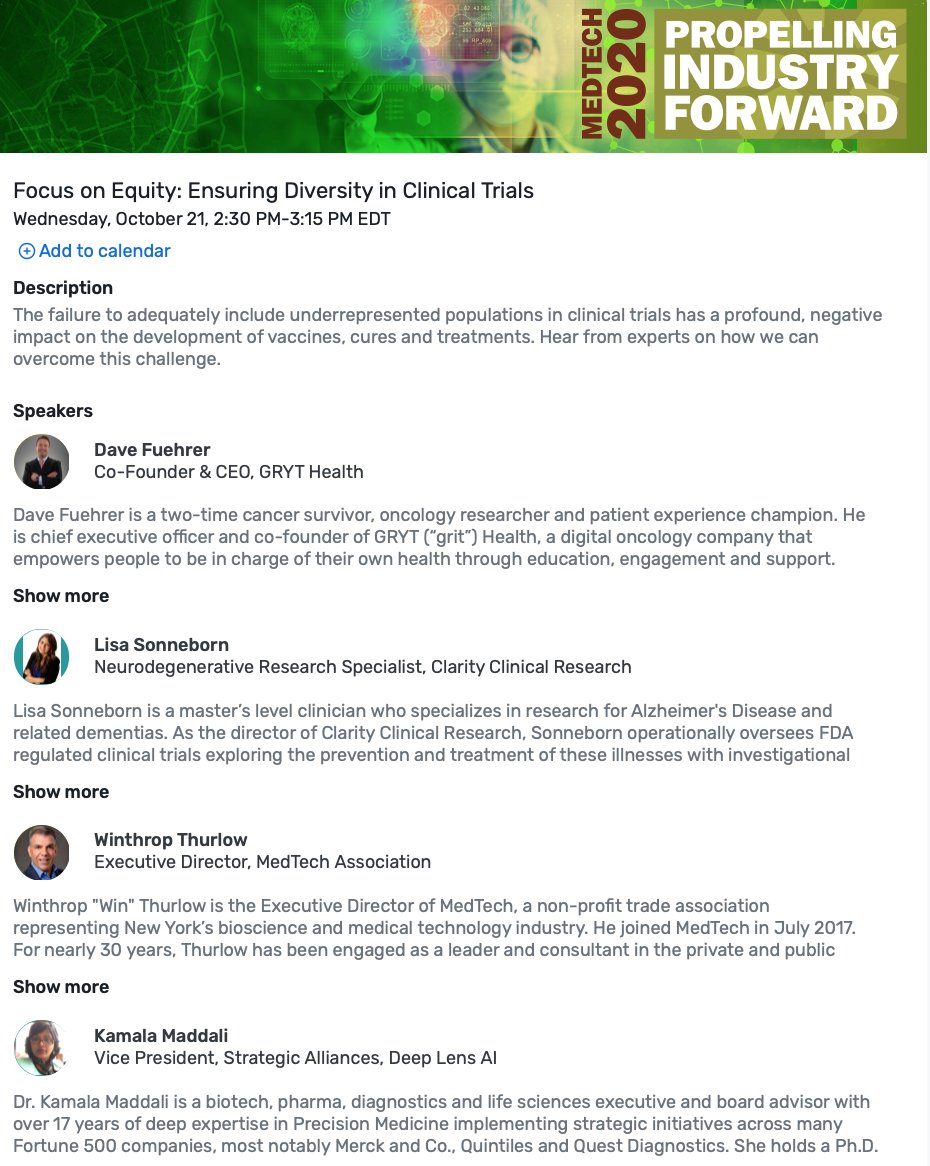 grythealth's tweet photo. +1 @GRYTHealth @DaveFuehrer @MedTechAssoc
 @WThurlow @JenniferSertl @ExcellPartners 

Focus on Equity - Diversity in Clinical Trials 

#MedTech2020 #PatientVoice #ClinicalTrials #GRYTHealth https://t.co/Pkw2t21OdD