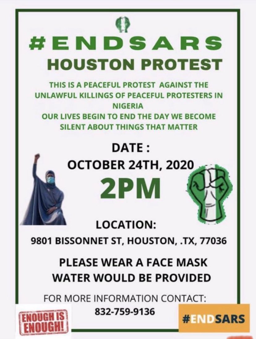 asount's tweet photo. Another round of peaceful protests this week in Dallas and Houston against the inhumane treatment of Nigerian citizens. #EndSARS 

October 21,2020 :
Fox 4 News Station : 400 N Griffin St Dallas , TX 75202 @ 4pm

October 24,2020: 
9801 Bissonnet st Houston, TX 77036 @ 2pm https://t.co/GAgfneCYJI