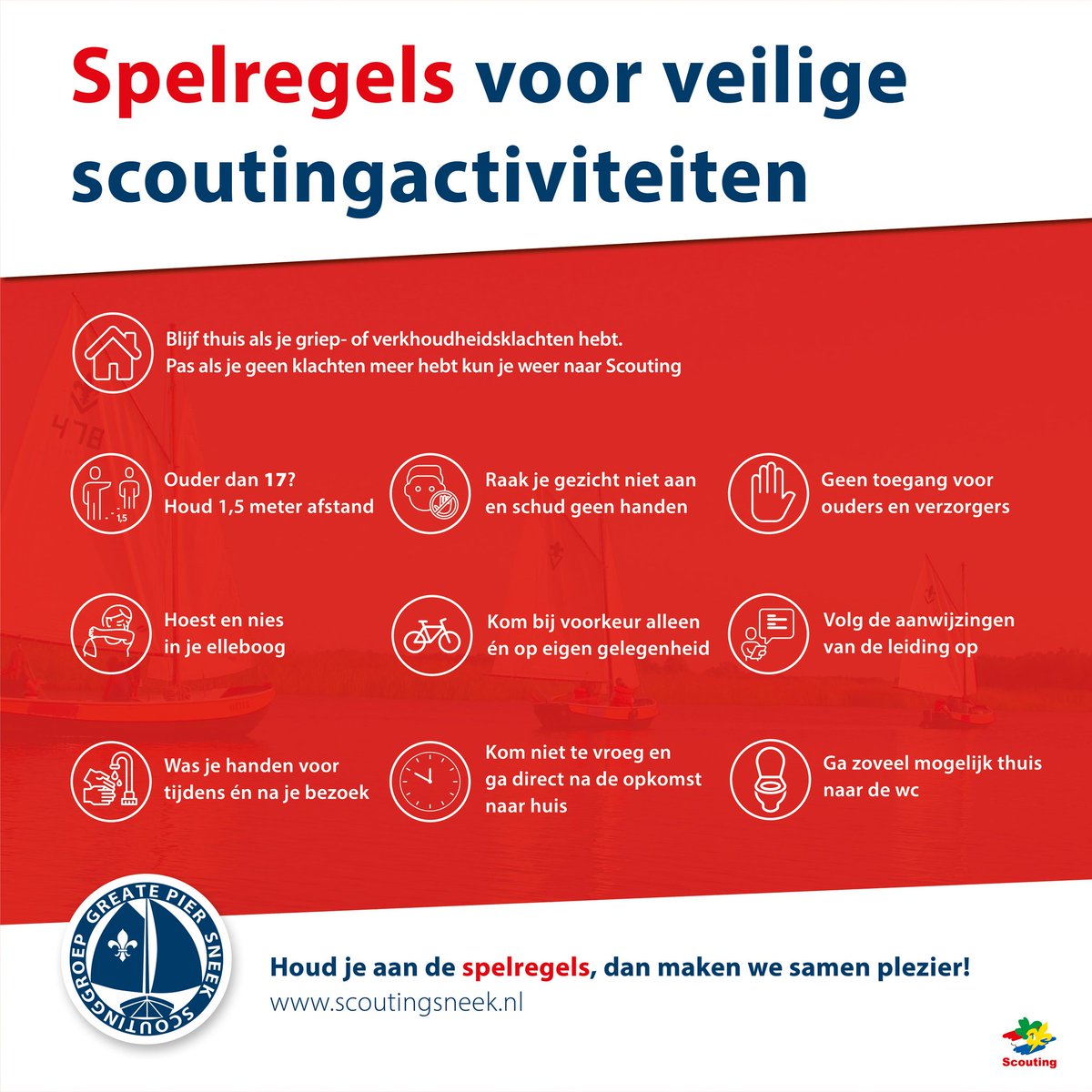 Onze corona maatregelen zijn iets aangescherpt sinds vorige week. Lees de spelregels goed door zodat je weet wat wel en niet kan. Vragen over onze maatregelen?
Kijk op 👉 scouting.nl

#greatepier #sneek #scouting #coronamaatregelen