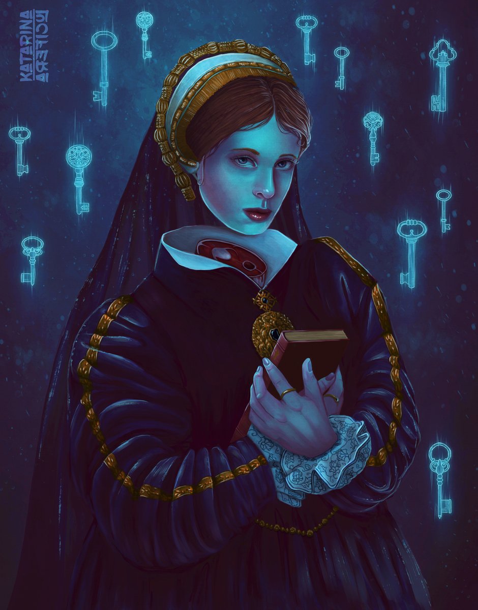 katarinalucife2's tweet photo. "Beheaded" - was a mystical interpretation of Catherine Howard (the fifth wife of Henry VIII) and the legend about the locked door of the chapel, when her pleas for mercy weren't heard by the king. 

#DigitalArt #mystical #halloween #tudor #catherinehoward #henrytheeighth #ghost https://t.co/9uCTAAX8KC