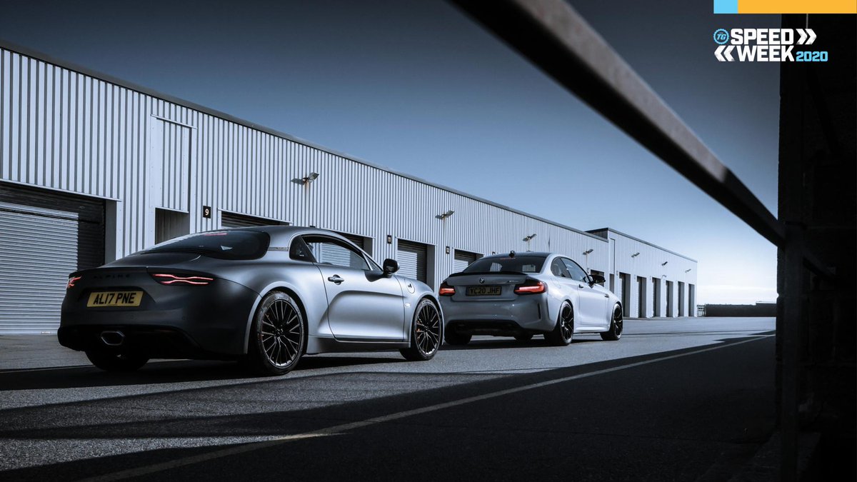 BBC_TopGear's tweet photo. #SpeedWeek2020 Gallery: the Alpine A110S. Alpine's superlative coupe on track... with a BMW M2 CS. Which are you having? https://t.co/f2jUV5TIY2 https://t.co/pnhbD2VeGh