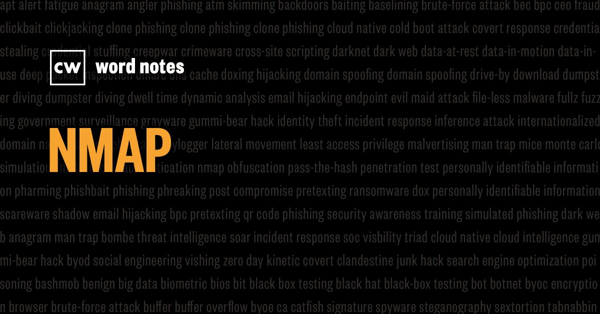 thecyberwire's tweet photo. #NMAP is a network mapping tool that pings IP addresses looking for a response and can discover hostnames, open communications ports, operating system names and versions.
Check out this #CWWordNotes episode for examples, origin, and a fun fact: https://t.co/H8IuXlOJWL https://t.co/LhlalBlrPn