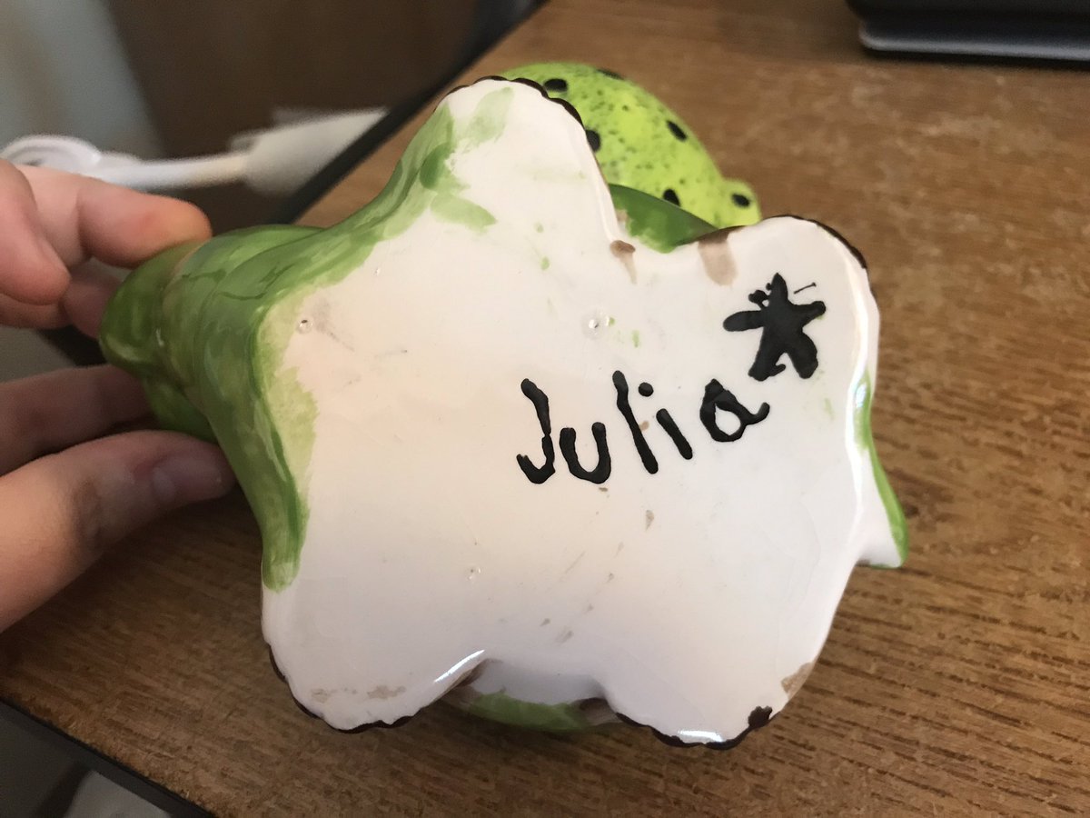 LibeartyComics's tweet photo. I have had this turtle for many years. Probably bought it at a Good Will somewhere in Maine. There is a name on the bottom, making me think it was made by a school age person many years ago. I thought it might be fun to find the original creator. Can you guys help me out? https://t.co/GcHf9eNcre