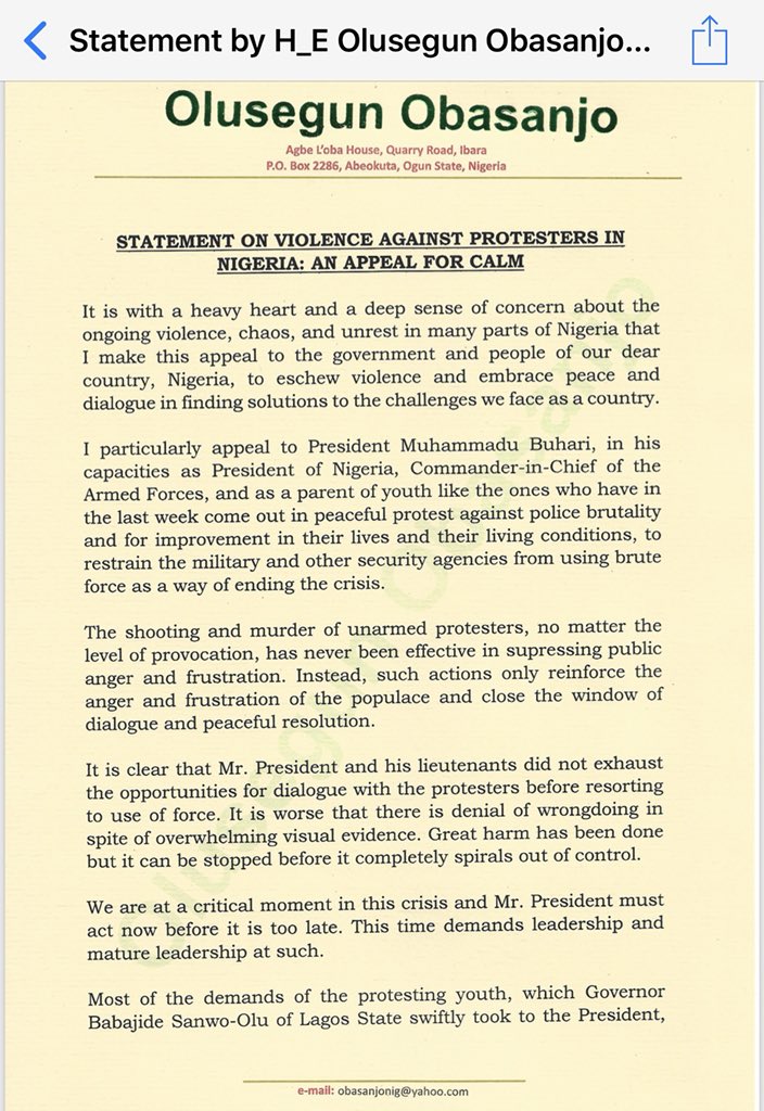Sharonniah1's tweet photo. A letter from the a former president of Nigeria calling unto @MBuhari to do something to his country, RETWEET AND LET THE WORLD SEE @davido @falzthebahdguy @Mochievous @AishaYesufu 
#Davido #EndPoliceBrutalityinNigera #ProSARS #BuhariMustGo #BuhariIsaMurderer #BuhariMustResign https://t.co/zEF6W2vKeF