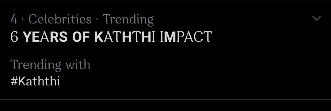Trending at no 4 🔥🔥
@actorvijay
6 YEARS OF KATHTHI IMPACT
#Master #ThalapathyVijay https://t.co/2IYyz9YQL1