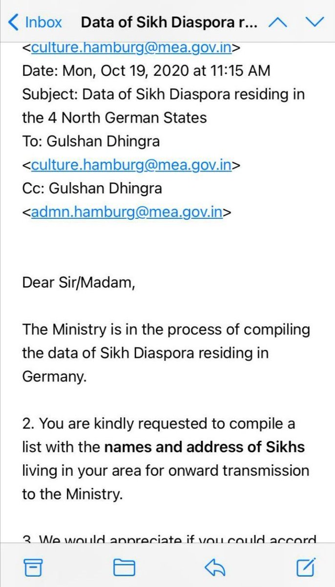 THREAD @IndiainHamburg Dear Cgi, this email has been circulated around, asking people to compile a list 'with names and address' of *sikh diaspora* residing in Germany for onward transmission. (1/n)