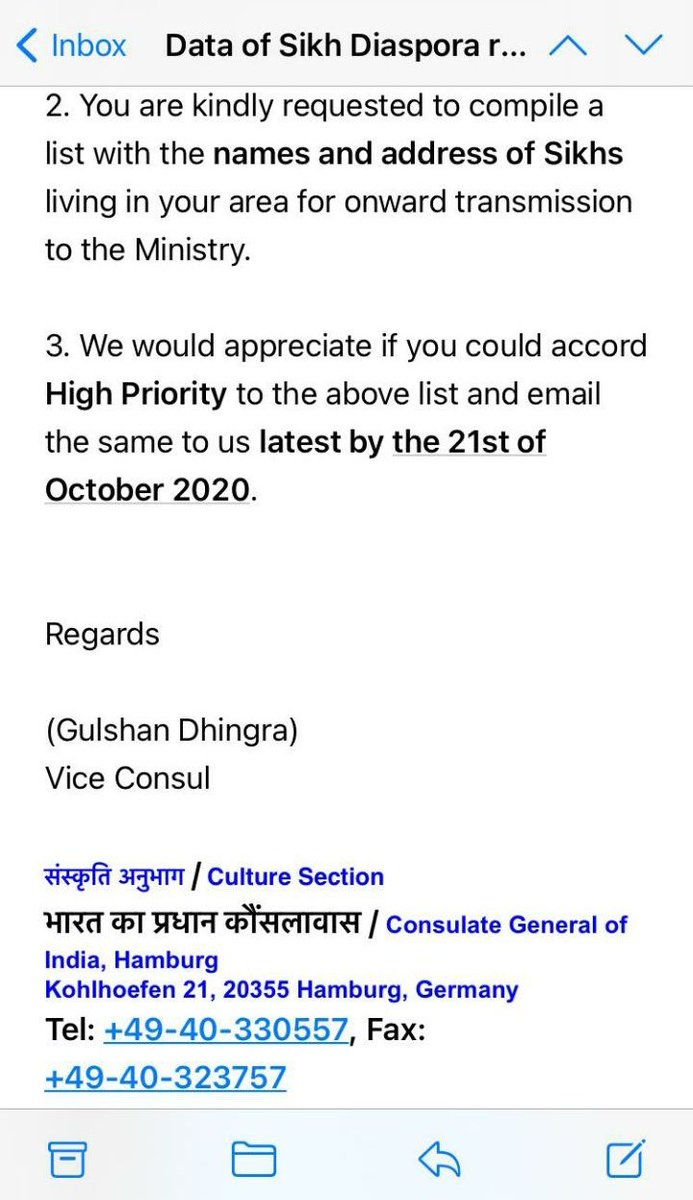 THREAD @IndiainHamburg Dear Cgi, this email has been circulated around, asking people to compile a list 'with names and address' of *sikh diaspora* residing in Germany for onward transmission. (1/n)