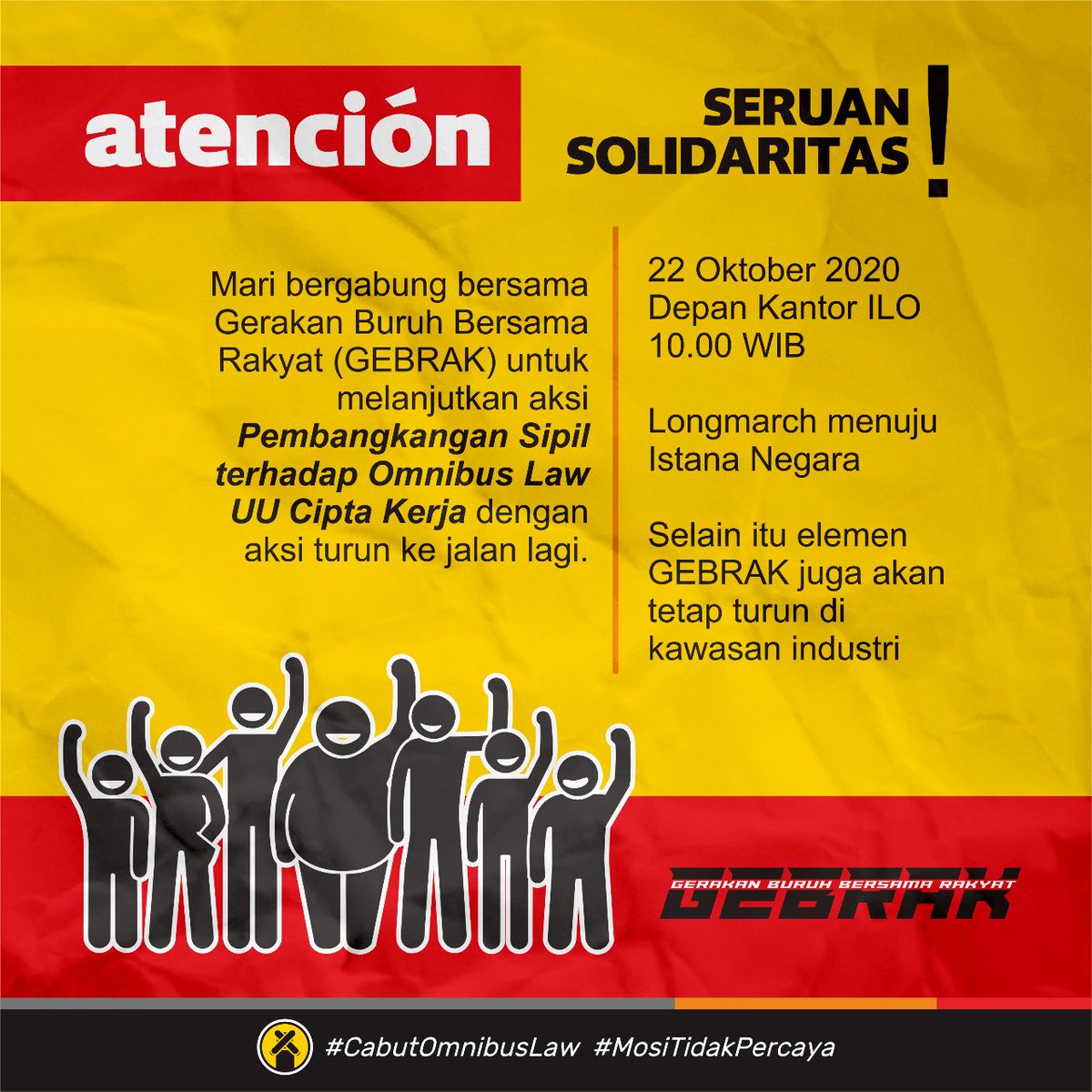 walhinasional's tweet photo. PSBB (Pembangkangan Sipil Berskala Besar) 22 Oktober, Siap?

UU CILAKA = Virus Oligarki

Harus dihentikan Segera!

#WhatsHappeningInIndonesia #KitaBelumMenang #HentikanRepresifitasAparat
#JRBukanJalanKeluar
#CabutOmnibusLaw 
#BatalkanOmnibuLAW https://t.co/whrLsFdu9A