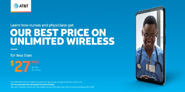 America's best deserve our best. Now nurses and physicians get our best price on unlimited. 
Visit CambridgeSide Mall Store or  go.att.com/o12NPA1 to learn more. #ATTemployee