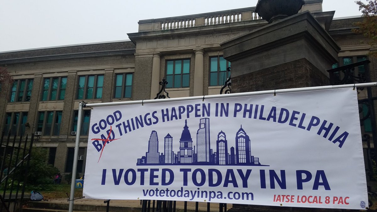 IATSELocal8's tweet photo. Great turnout already at Roxborough High School, come by and say hi! In person voting is open until 6:30pm at all satellite election offices in Philly. Visit https://t.co/IgfxiFqBPJ for more info! #VoteTodayInPA https://t.co/mSBCxgq7V5