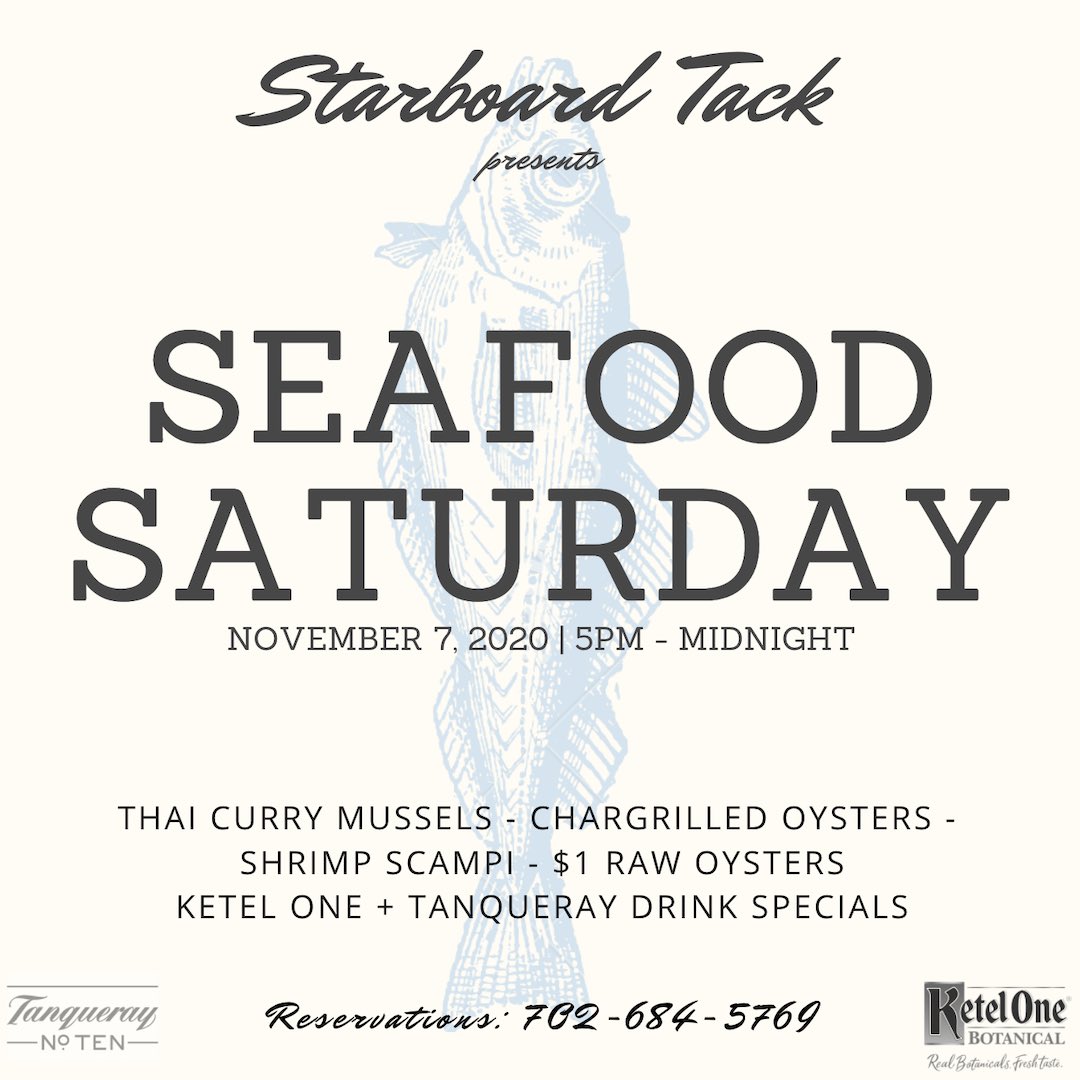 Join us for the first edition of #SeafoodSaturday. Our special menu will feature $1 raw oysters, chargrilled oysters, Thai curry mussels, shrimp scampi and @KetelOne + @Tanquerayusa drink specials. Reservations recommended: 702.684.5769.