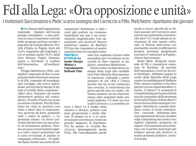 Ora opposizione e unità.
<a href="/FratellidItalia/">Fratelli d'Italia 🇮🇹</a> è l'unico partito che ha avuto realmente una crescita. 
Ci vuole adesso la costruzione di uno spazio culturale: <a href="/GiorgiaMeloni/">Giorgia Meloni</a> interviene con puntualità, ma deve rafforzare la propria presenza progettuale con nuove visioni per la Puglia.