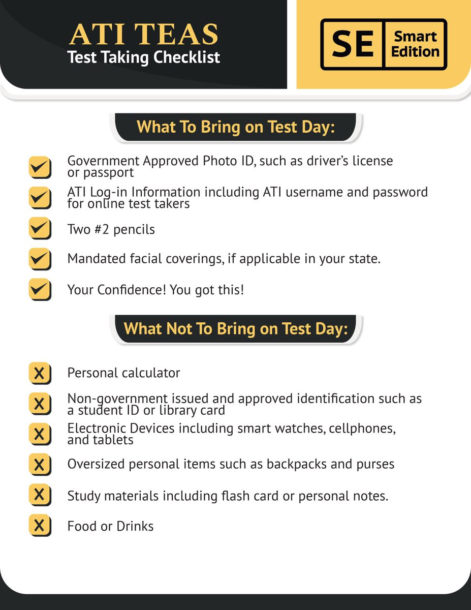 EditionSmart's tweet image. 📷 Screenshot this now and save it for ATI TEAS test day! For those of you taking the #TEAS in person, here&apos;s a checklist of the 6 things to bring and 6 things NOT to bring.

#ATITEAS