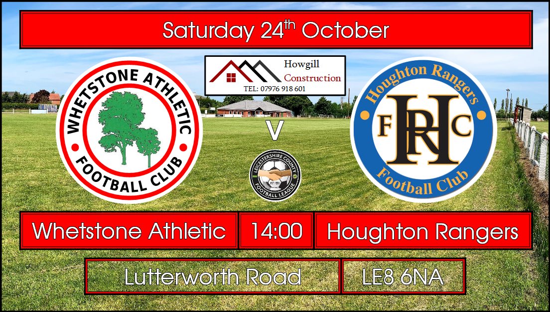 Next up...

🆚 <a href="/HoughtonRangers/">Houghton Rangers FC</a> 

🏆 <a href="/LeicsCFL/">LCFL Sponsored by Uptonsteel</a> Prem

🗓 Saturday 24th October

🕑 2pm kick off

📍 Lutterworth Road | LE8 6NA