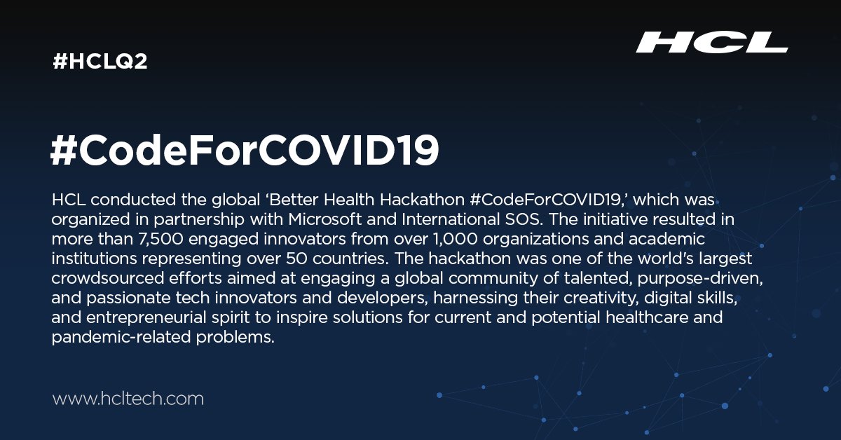 hcltech's tweet photo. The ‘Better Health Hackathon #CodeForCOVID19’ engaged over 7,500 innovators from over 1,000 organizations and academic institutions, representing over 50 countries, to inspire solutions for current and potential pandemic-related problems. https://t.co/0Z9OdhStI1 #HCLQ2 https://t.co/tfgprMoaaq