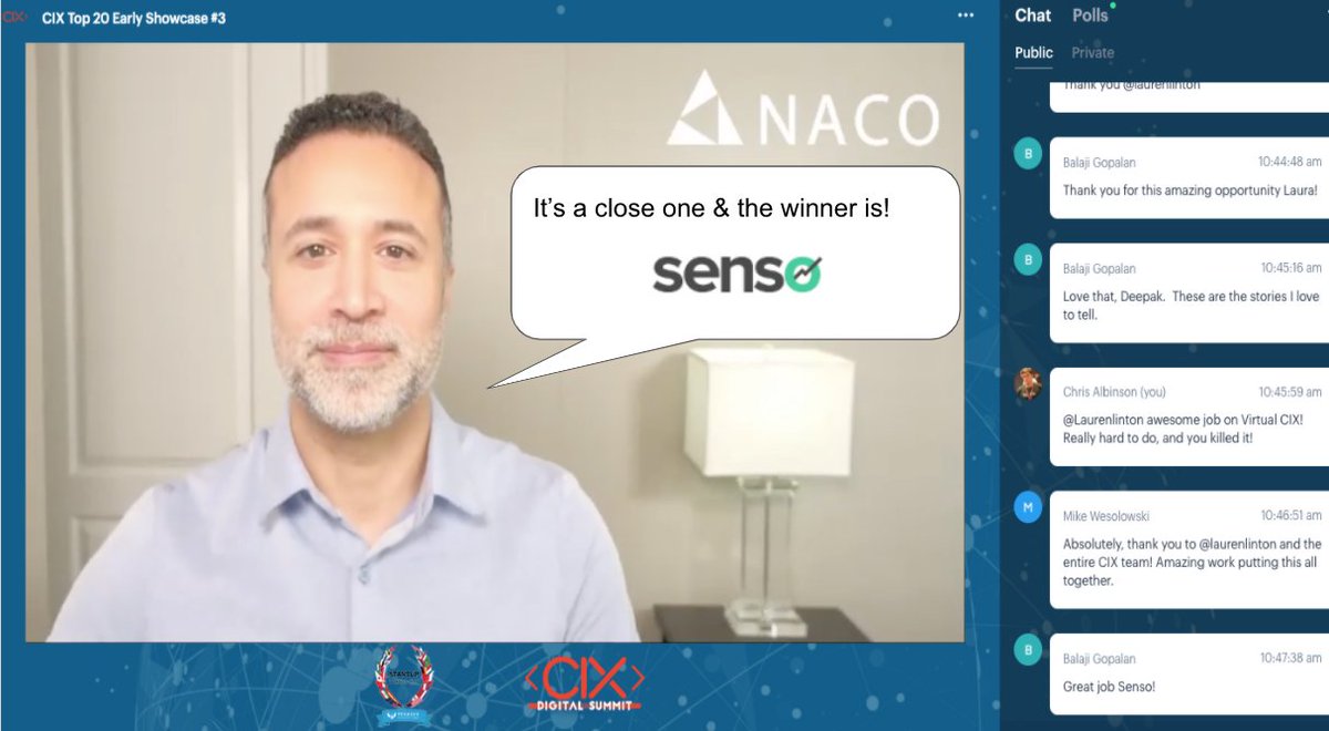 chrisalbinson's tweet photo. @GoSenso you are going to the CIX Top 20 finals! Congratulations to the entire team and @saroopbharwani Great job by the @CIXCommunity and all the participants - no easy task to pull together a world class virtual event!
@inovia @LugeCapital @RisingTideVC
#breakawaygrowth https://t.co/sioxsxloeD