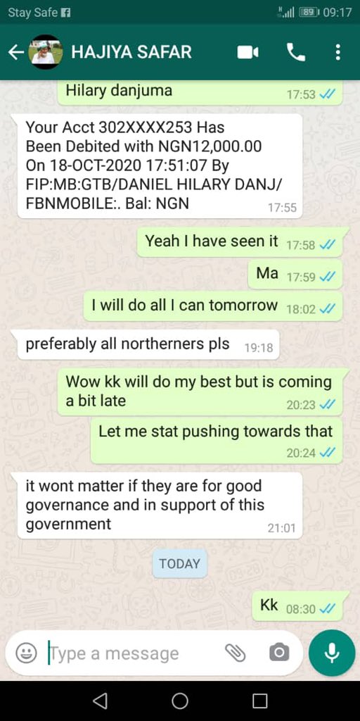 Adebayo_Ralph's tweet photo. This is a chat between @SafaaMUAdam and a mobilizer of thugs in Abuja.

She mobilizes thugs with 3K to maim innocent protesters in the name of supporting Buhari.

We have her on tape &amp; it’s been sent to media houses.

This is her phone number: 08033143711.

#EndSARS
#AbujaProtest https://t.co/6vgJsr6cRw