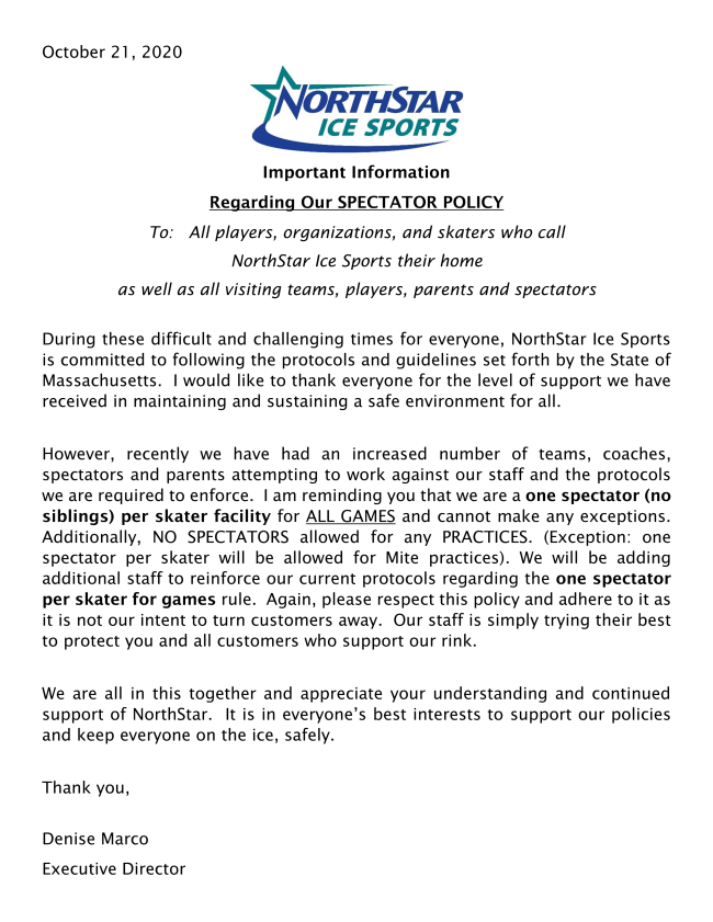 NorthStar Ice Sports - Mandatory Spectator Policy conta.cc/2Hm08JN