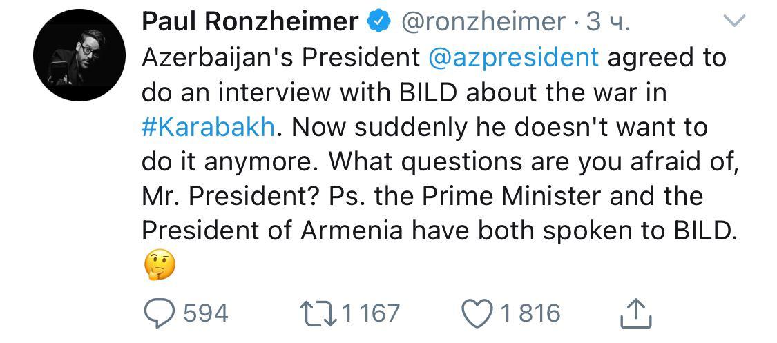 Hikmet Hajiyev (@hikmethajiyev) on Twitter photo <a href="/ronzheimer/">Paul Ronzheimer</a> please be informed that no one has given any consent to give interview to BILD. Your statement on behalf of Azerbaijani Gov is unprofessional. My President <a href="/presidentaz/">Ilham Aliyev</a> prefers to give interview to professional media not 'yellow media outlets' <a href="/ronzheimer/">Paul Ronzheimer</a> please be informed that no one has given any consent to give interview to BILD. Your statement on behalf of Azerbaijani Gov is unprofessional. My President <a href="/presidentaz/">Ilham Aliyev</a> prefers to give interview to professional media not 'yellow media outlets'