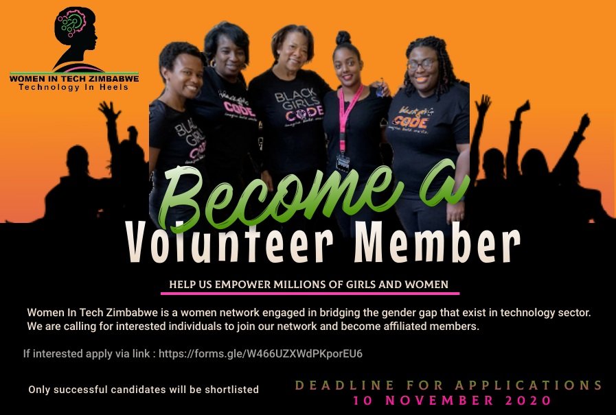 WomenInTechZim's tweet photo. Women In Tech Zimbabwe is calling for volunteer members to join this initiative and work towards achieving a common goal. Those interested should send their applications via the link below:
https://t.co/L2ruR4qWux

Applications deadline 10 November 2020 https://t.co/b1nTsvB3tQ