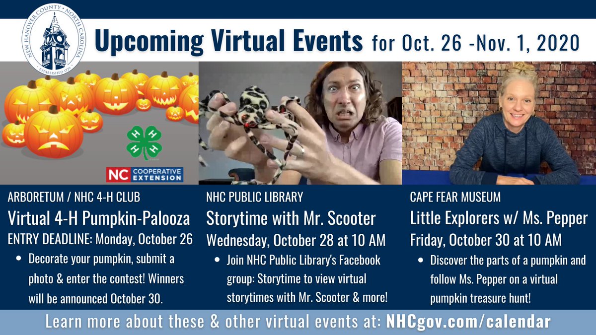 NewHanoverCo's tweet photo. Get into the spirit and #ExploreNHC! Enter photos of your spooky pumpkins in @newhanoverco4h Pumpkin-Palooza contest. Join Mr. Scooter for Storytime with @NHCLibrary & Ms. Pepper for a pumpkin treasure hunt at the @capefearmuseum! See more virtual events: https://t.co/6I7iRAJQ9Q https://t.co/lQOBR25SL1