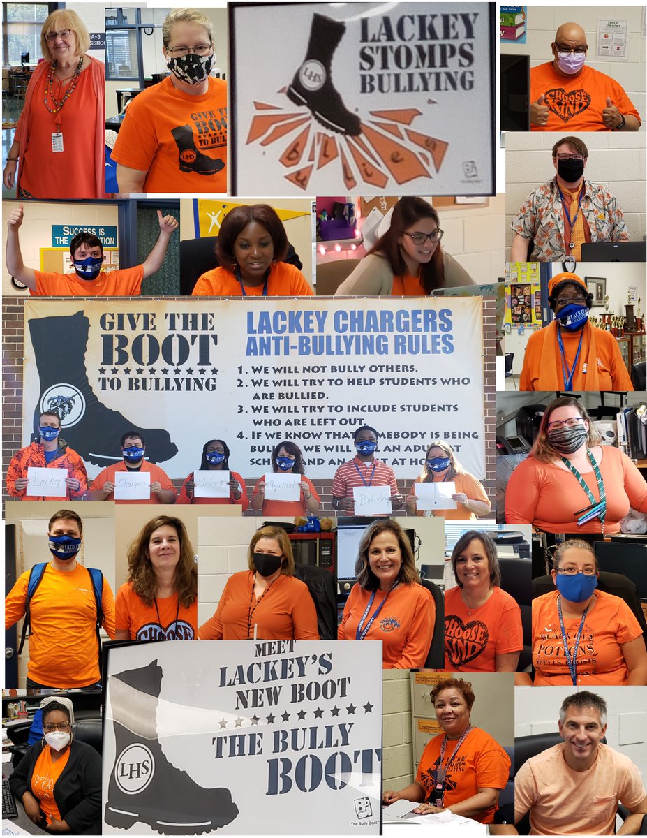 LackeyHS's tweet photo. Lackey Staff wearing orange to support #UnityDay2020 Let's give bullying the boot! @CCPS https://t.co/Ott2zf8DC2